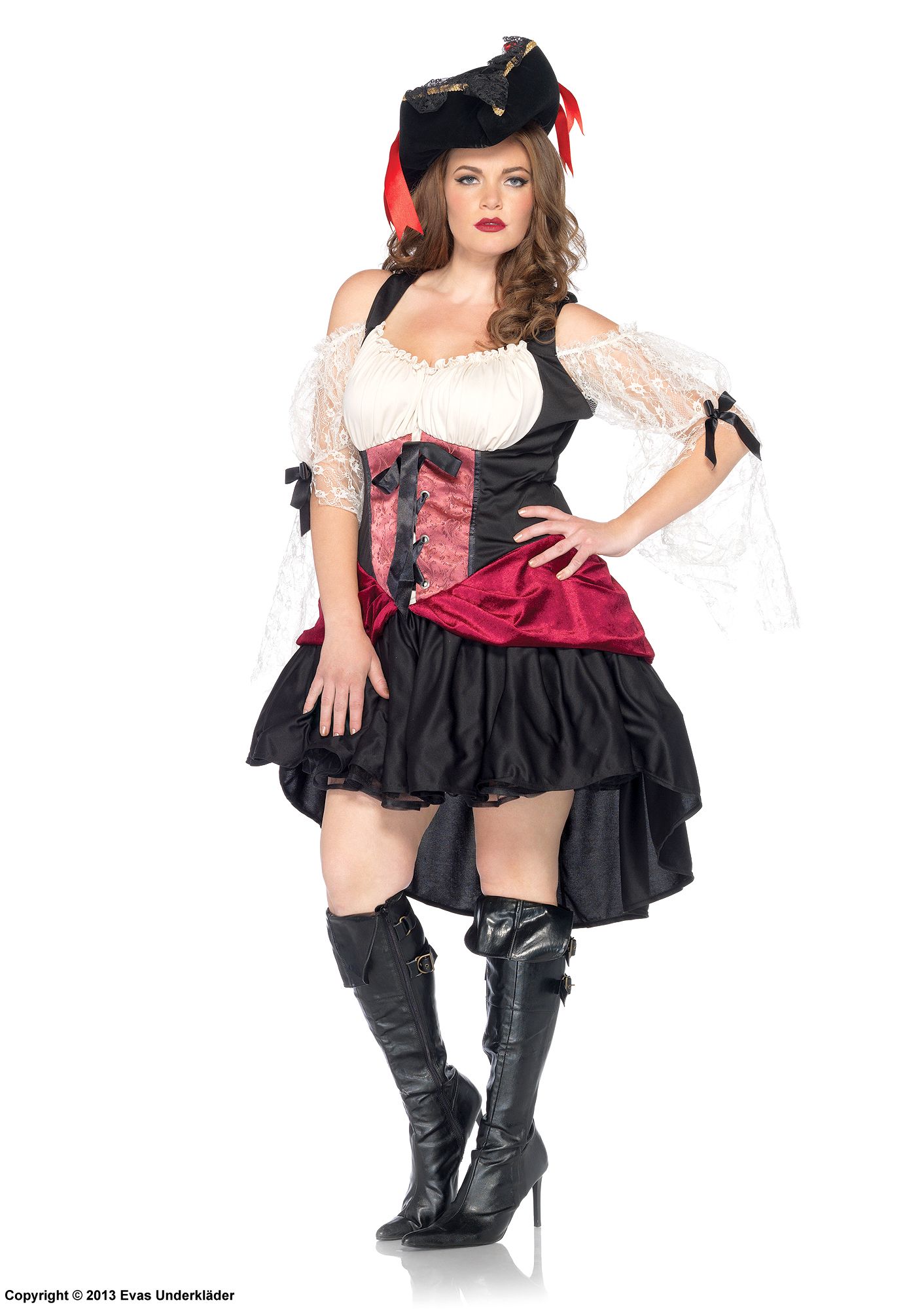 Weiblicher Pirat, Kostüm-Kleid, Spitze, Schnürung, Cold Shoulder, XL bis 4XL